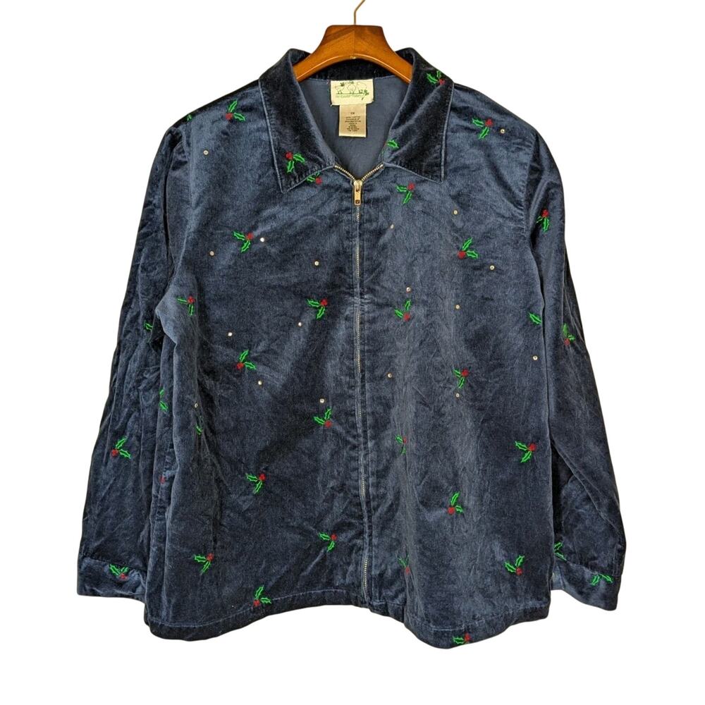 Vintage Quacker Factory Jacket Womens 1X Navy Blue Velvet Holly Embroidered